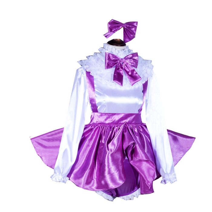 Purple Satin Sissy Maid Lockable Shirt Collar Puff Sleeves Short Blouse and Skirt G4037