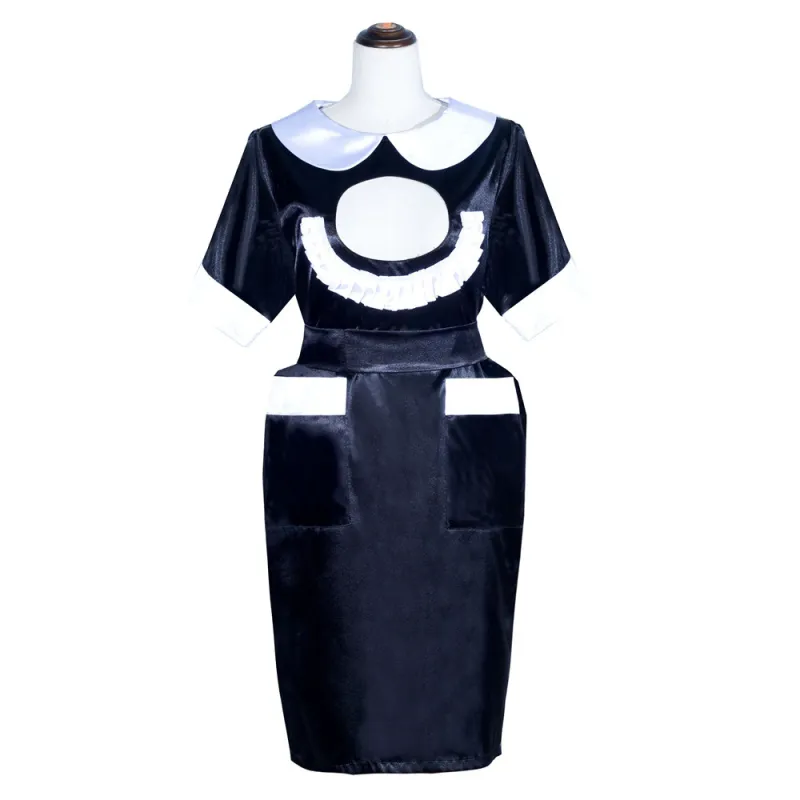 Black Satin Sissy Maid Peter Pan Collar Puff Sleeves Short Dress G4031