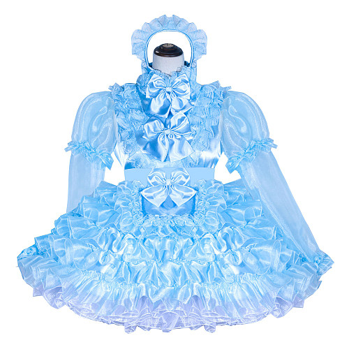 Baby Blue Satin Organza Sissy Maid Lockable High Collar Puff Sleeves Short Dress G4023