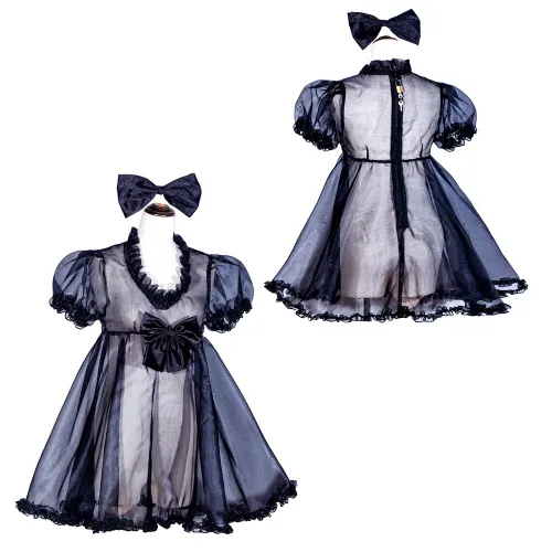 Black Organza Sissy Maid Lockable V-Neck Puff Sleeves Short Dress G4030