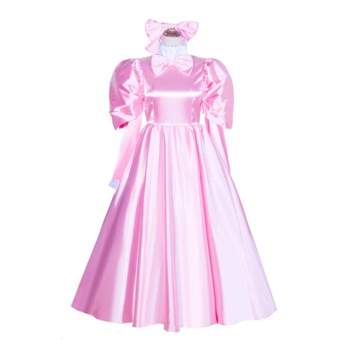Baby Pink Satin Sissy Maid Lockable High Collar Puff Sleeves Long Dress G4036