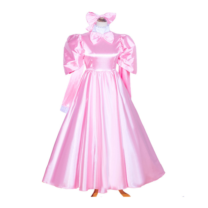 Baby Pink Satin Sissy Maid Lockable High Collar Puff Sleeves Long Dress G4036