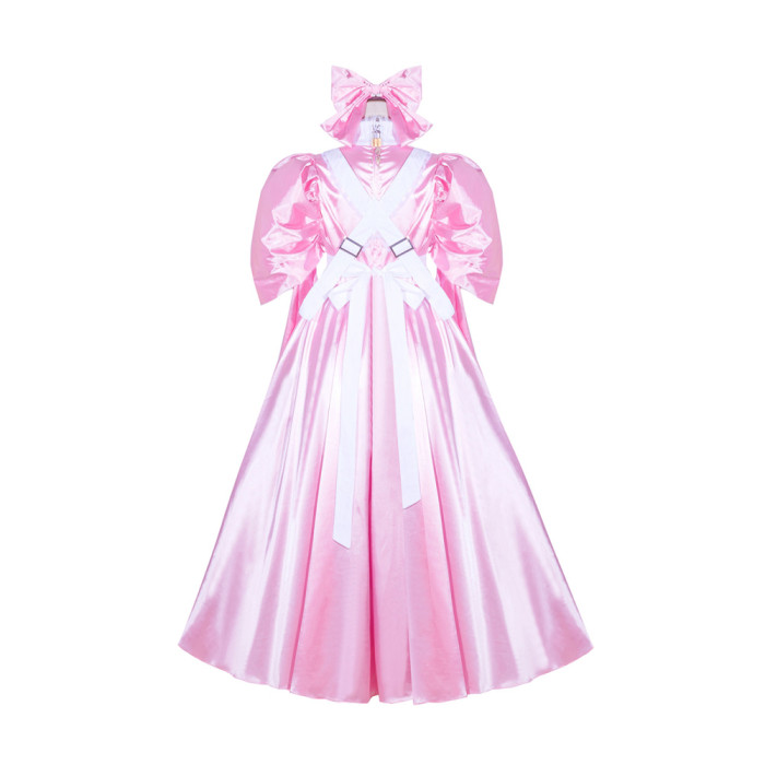 Baby Pink Satin Sissy Maid Lockable High Collar Puff Sleeves Long Dress G4043