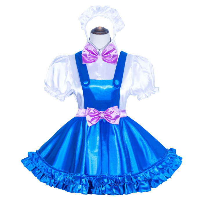 Blue Satin Sissy Maid Lockable Shirt Collar Puff Sleeves Short Blouse and Skirt G4032