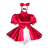 Red Satin Lockable Sissy Maid Dress with Bow and Optional Panties – Handmade Crossdressing Costume [G4034]