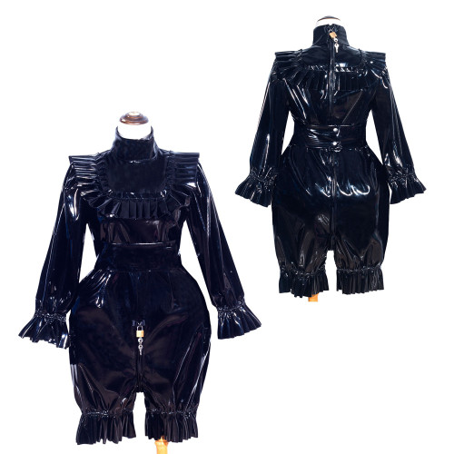 Black Thin PVC Sissy Maid Lockable High Collar Puff Sleeves Short Romper G4010