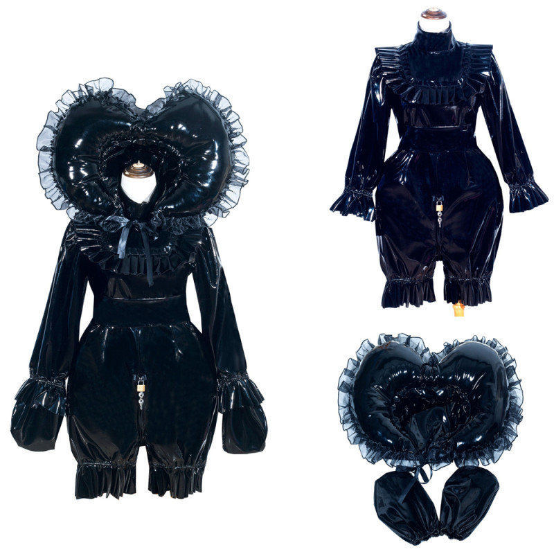 Black Thin PVC Sissy Maid Lockable High Collar Puff Sleeves Short Romper With Hood G4011