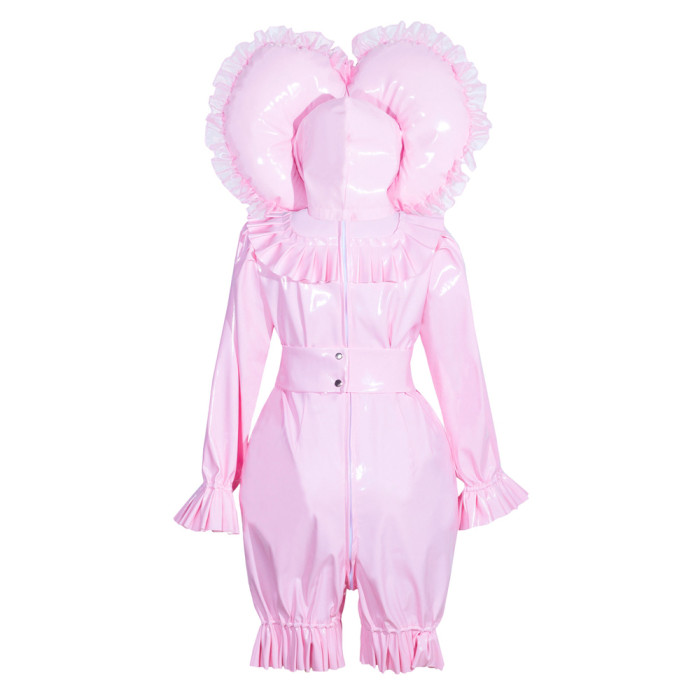 fondcosplay sexy cross dressing sissy maid baby pink thin pvc dress  lockable jumpsuits rompers hood panties CD/TV