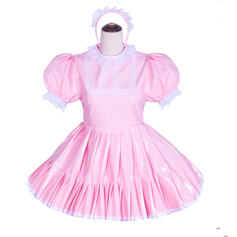 Baby Pink Thin PVC Sissy Maid Lockable Round Collar Puff Sleeves Short Dress G4020