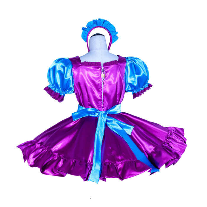 Purple/Blue Satin Sissy Maid Lockable Square Collar Puff Sleeves Short Dress G4015