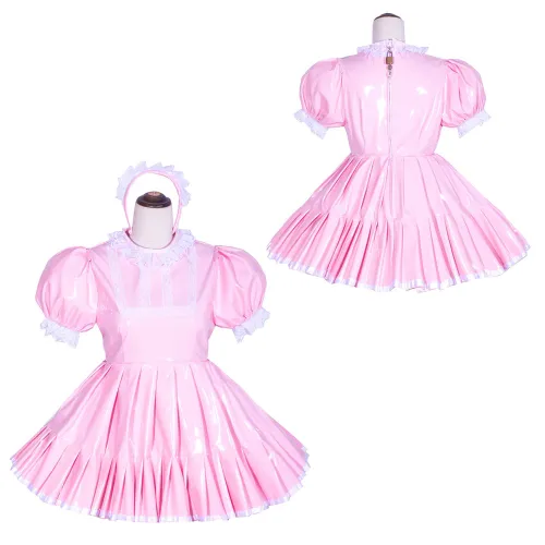 Baby Pink Thin PVC Sissy Maid Lockable Round Collar Puff Sleeves Short Dress G4020
