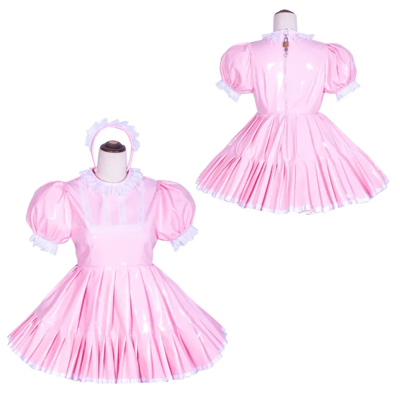 Baby Pink Thin PVC Sissy Maid Lockable Round Collar Puff Sleeves Short Dress G4020