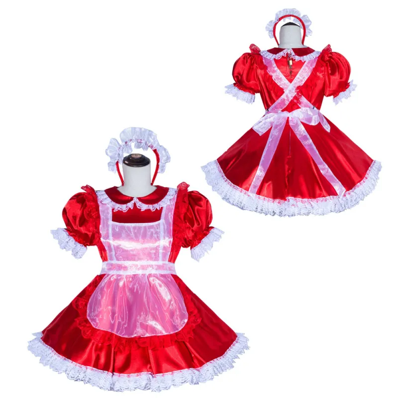 Red Satin Sissy Maid Lockable Peter Pan Collar Puff Sleeves Short Dress G4018