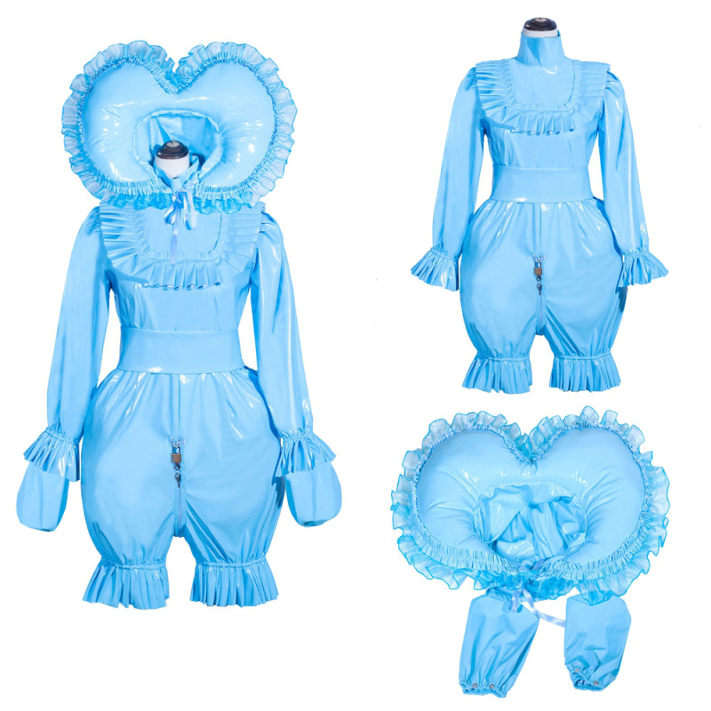 Baby Blue Thin PVC Sissy Maid Lockable High Collar Puff Sleeves Short Romper With Hood G4013