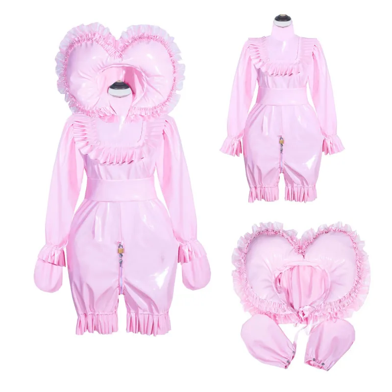Baby Pink Thin PVC Sissy Maid Lockable High Collar Puff Sleeves Short Romper With Hood G4012