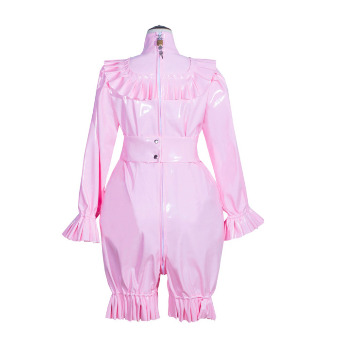 Baby Pink Thin PVC Sissy Maid Lockable High Collar Puff Sleeves Short Romper With Hood G4012