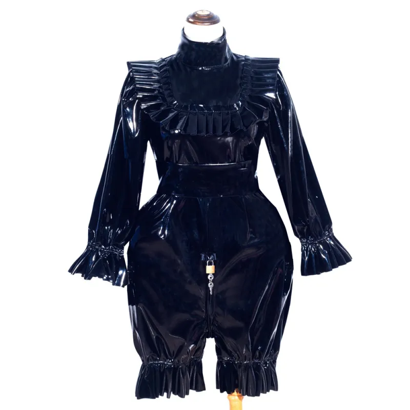 Black Thin PVC Sissy Maid Lockable High Collar Puff Sleeves Short Romper G4010