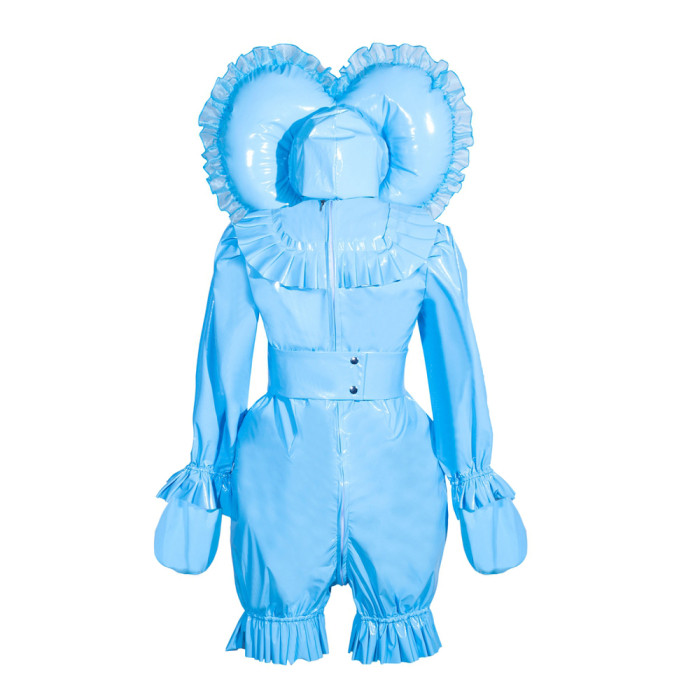 Baby Blue Thin PVC Sissy Maid Lockable High Collar Puff Sleeves Short Romper With Hood G4013