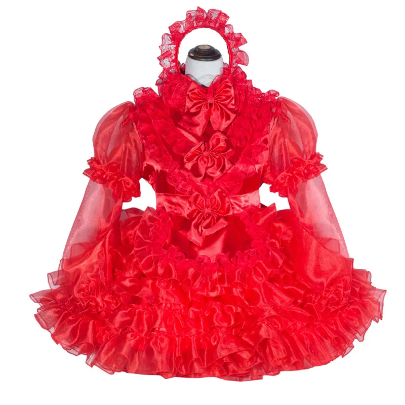 Red Organza-Satin Sissy Maid Lockable High Collar Puff Sleeves Short Dress G4016