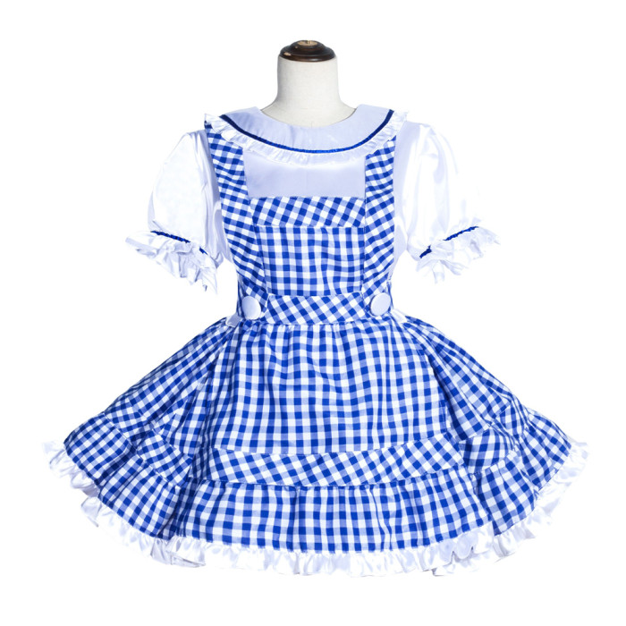 Blue Grid Cotton Sissy Maid Lockable Round Collar Puff Sleeves Short Dress G4014