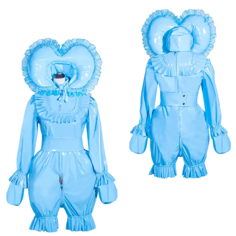Baby Blue Thin PVC Sissy Maid Lockable High Collar Puff Sleeves Short Romper With Hood G4013