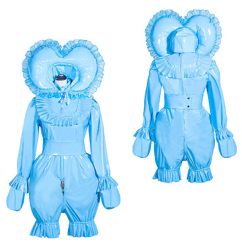 Baby Blue Thin PVC Sissy Maid Lockable High Collar Puff Sleeves Short Romper With Hood G4013