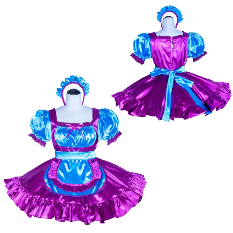 Purple/Blue Satin Sissy Maid Lockable Square Collar Puff Sleeves Short Dress G4015