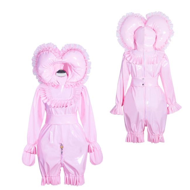 Baby Pink Thin PVC Sissy Maid Lockable High Collar Puff Sleeves Short Romper With Hood G4012
