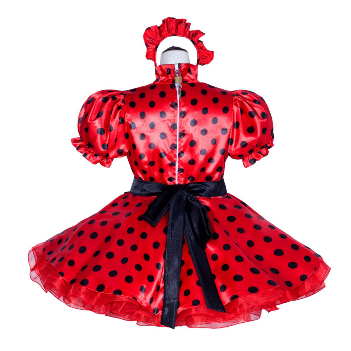Red Dots Satin Sissy Maid Lockable High Collar Puff Sleeves Short Dress G4021