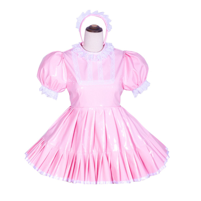 Baby Pink Thin PVC Sissy Maid Lockable Round Collar Puff Sleeves Short Dress G4020