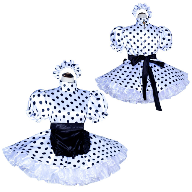 White Dots Satin Sissy Maid Lockable High Collar Puff Sleeves Short Dress G4019
