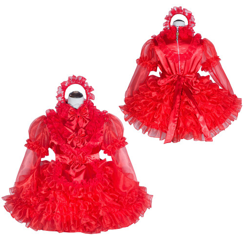 Red Organza-Satin Sissy Maid Lockable High Collar Puff Sleeves Short Dress G4016