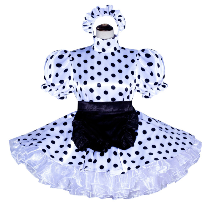 White Dots Satin Sissy Maid Lockable High Collar Puff Sleeves Short Dress G4019
