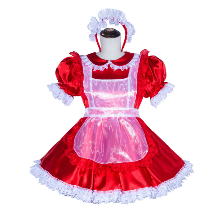 Red Satin Sissy Maid Lockable Peter Pan Collar Puff Sleeves Short Dress G4018