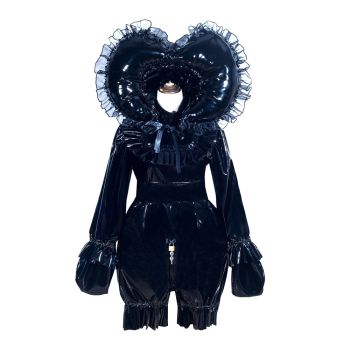 Black Thin PVC Sissy Maid Lockable High Collar Puff Sleeves Short Romper With Hood G4011