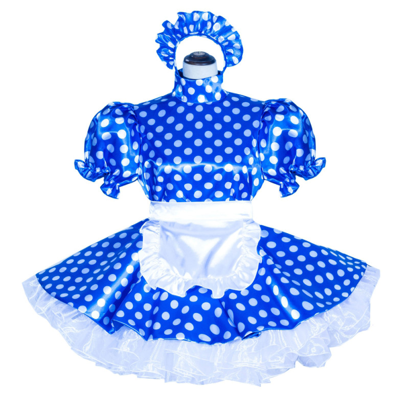 Blue Dots Satin Sissy Maid Lockable High Collar Puff Sleeves Short Dress G4017