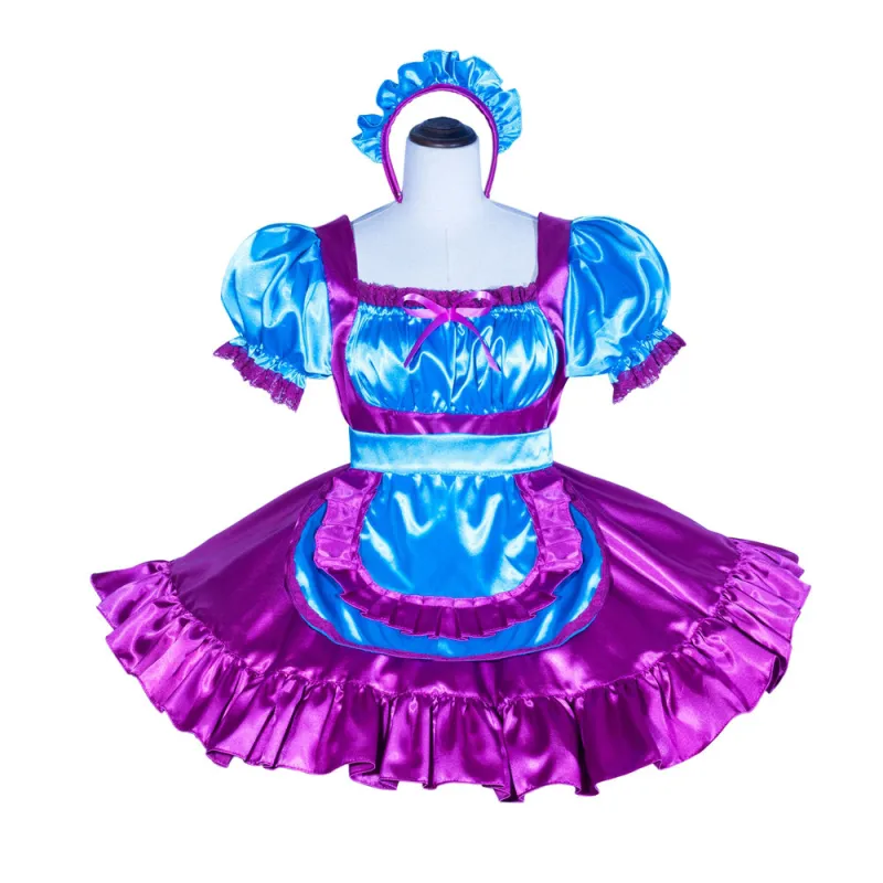 Purple/Blue Satin Sissy Maid Lockable Square Collar Puff Sleeves Short Dress G4015