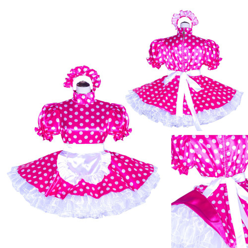 Hot Pink Dots Satin Sissy Maid Lockable High Collar Puff Sleeves Short Dress G4022