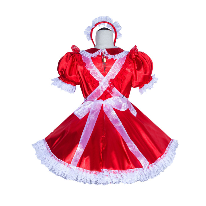 Red Satin Sissy Maid Lockable Peter Pan Collar Puff Sleeves Short Dress G4018