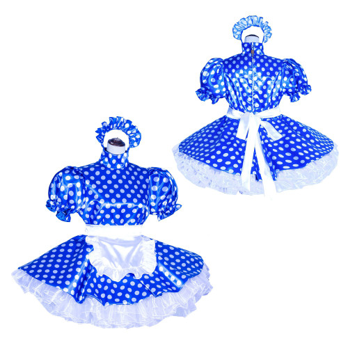 Blue Dots Satin Sissy Maid Lockable High Collar Puff Sleeves Short Dress G4017