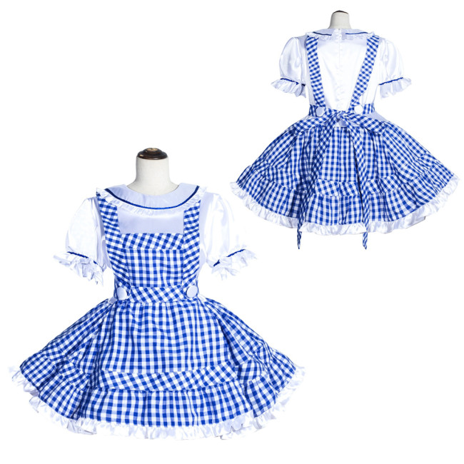 Blue Grid Cotton Sissy Maid Lockable Round Collar Puff Sleeves Short Dress G4014