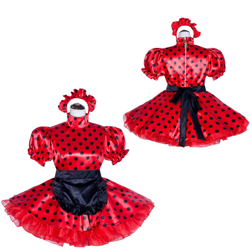 Red Dots Satin Sissy Maid Lockable High Collar Puff Sleeves Short Dress G4021