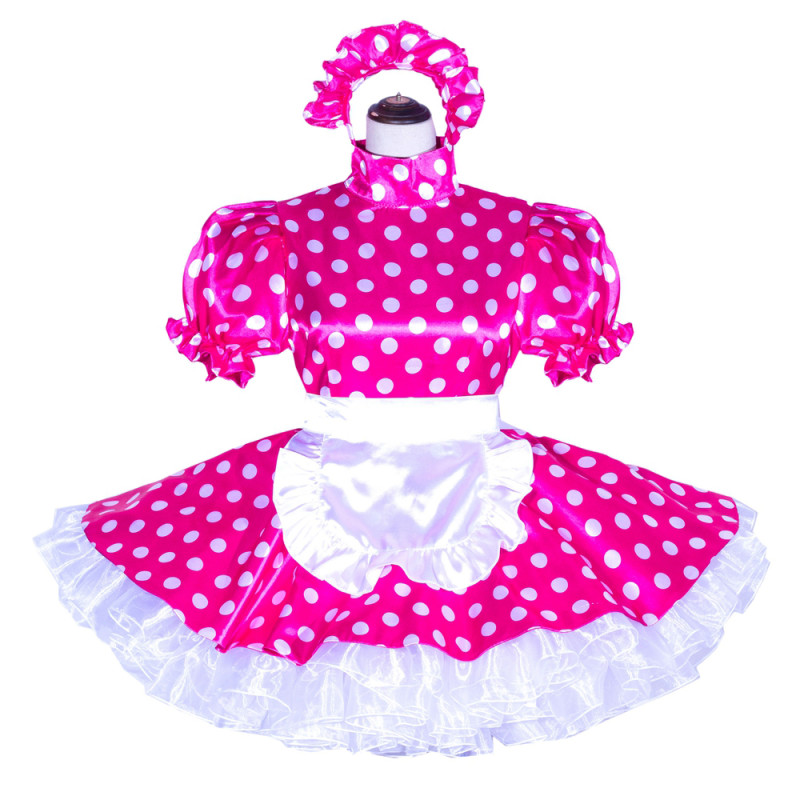 Hot Pink Dots Satin Sissy Maid Lockable High Collar Puff Sleeves Short Dress G4022