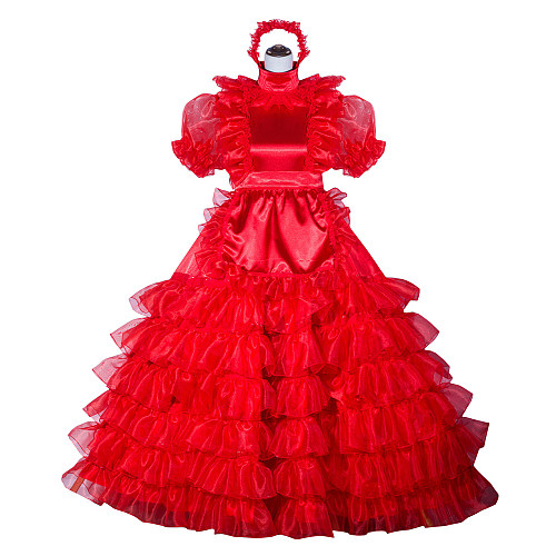 Red Satin Organza Sissy Maid Lockable High Collar Puff Sleeves Long Dress G4024