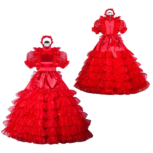 Red Satin Organza Sissy Maid Lockable High Collar Puff Sleeves Long Dress G4024