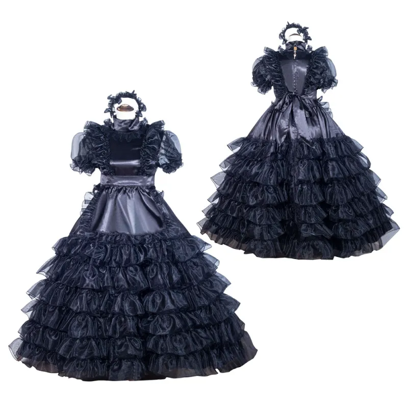Black Satin Organza Sissy Maid Lockable High Collar Puff Sleeves Long Dress G4025