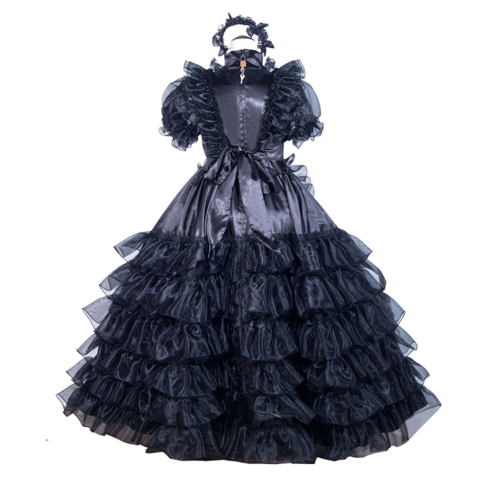 Black Satin Organza Sissy Maid Lockable High Collar Puff Sleeves Long Dress G4025