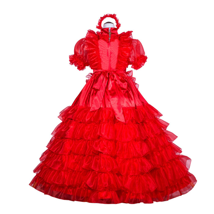 Red Satin Organza Sissy Maid Lockable High Collar Puff Sleeves Long Dress G4024