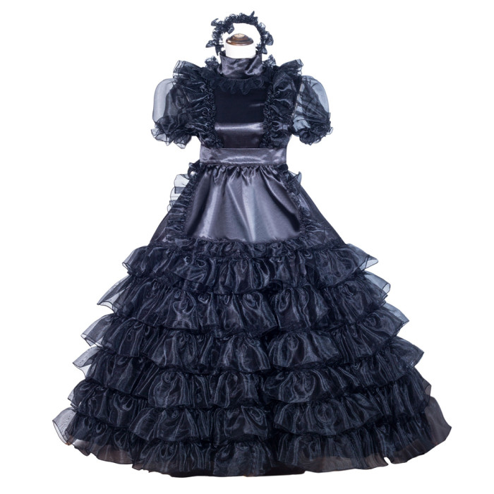Black Satin Organza Sissy Maid Lockable High Collar Puff Sleeves Long Dress G4025