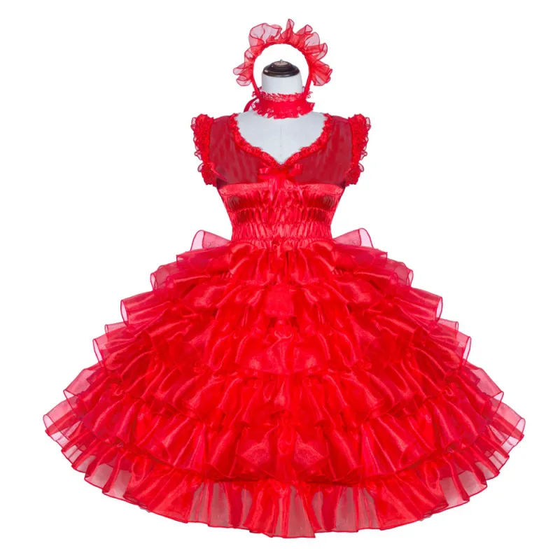 Red Organza-Satin Sissy Maid Lockable V-Neck Short Dress G4009